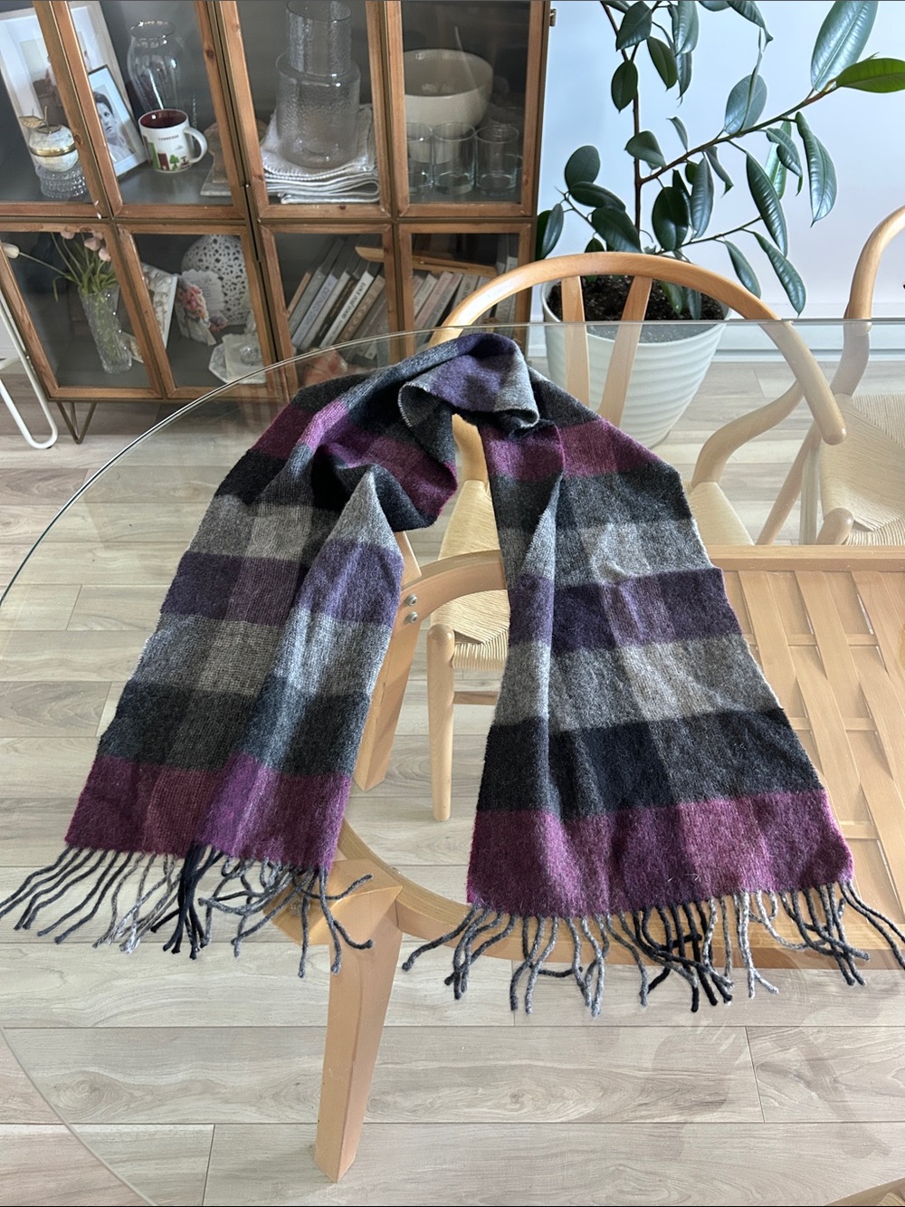 100% Wool Plaid Fringe Scarf